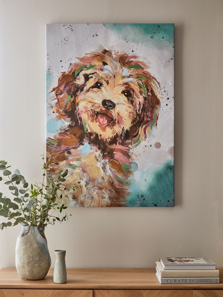 Teal Blue Large Charlie Cockapoo Dog Canvas Wall Art - Image 1 of 5