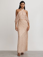 Raishma Nude Embellished Cross Front Maxi Dress - Image 1 of 5