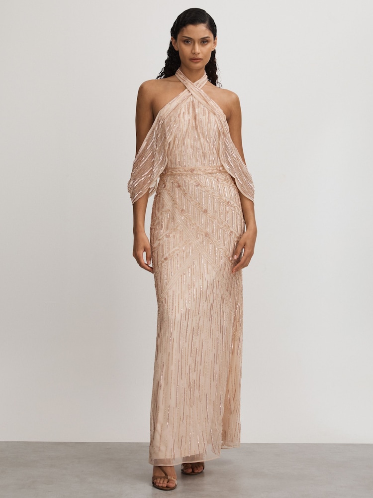 Raishma Nude Embellished Cross Front Maxi Dress - Image 1 of 5 Raishma Nude Embellished Cross Front Maxi Dress - Image 1 of 5