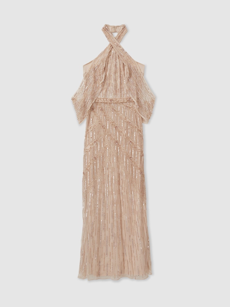 Raishma Nude Embellished Cross Front Maxi Dress - Image 2 of 5 Raishma Nude Embellished Cross Front Maxi Dress - Image 2 of 5