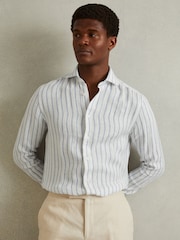 Reiss Blue Stripe Ruban Linen Button-Through Shirt - Image 1 of 6
