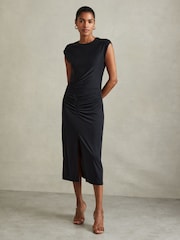 Reiss Charcoal Lenara Ruche Front Capped Sleeve Jersey Midi Dress - Image 1 of 5