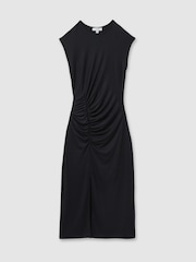 Reiss Charcoal Lenara Ruche Front Capped Sleeve Jersey Midi Dress - Image 2 of 5