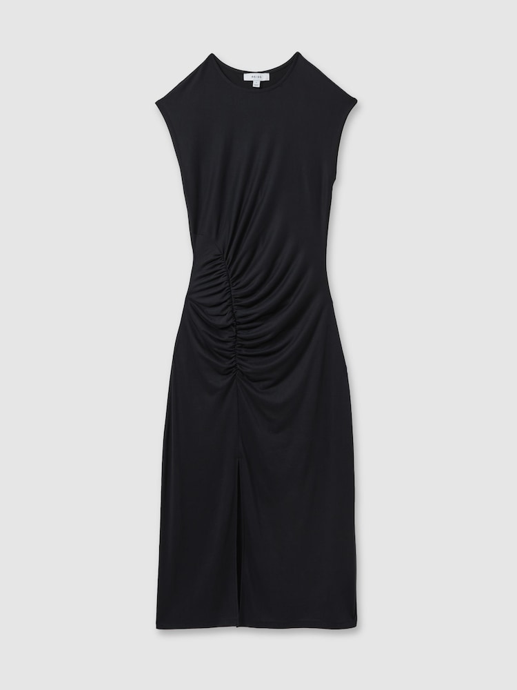 Reiss Charcoal Lenara Ruche Front Capped Sleeve Jersey Midi Dress - Image 2 of 5