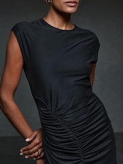 Reiss Charcoal Lenara Ruche Front Capped Sleeve Jersey Midi Dress - Image 3 of 5