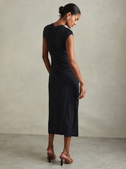Reiss Charcoal Lenara Ruche Front Capped Sleeve Jersey Midi Dress - Image 4 of 5