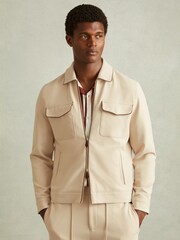Reiss Ecru/Brown Stripe Roy Relaxed Contrast Pipe Detail Jacket - Image 1 of 6