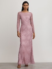 Raishma Pink Embellished Mesh Sheer Sleeve Maxi Dress - Image 1 of 5