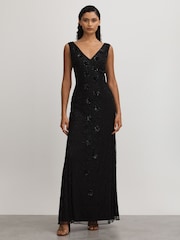 Raishma Embellished Mesh Black Maxi Dress - Image 1 of 5