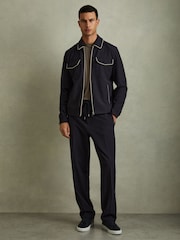 Reiss Navy/Ivory Stripe Roy Relaxed Contrast Pipe Detail Jacket - Image 1 of 6