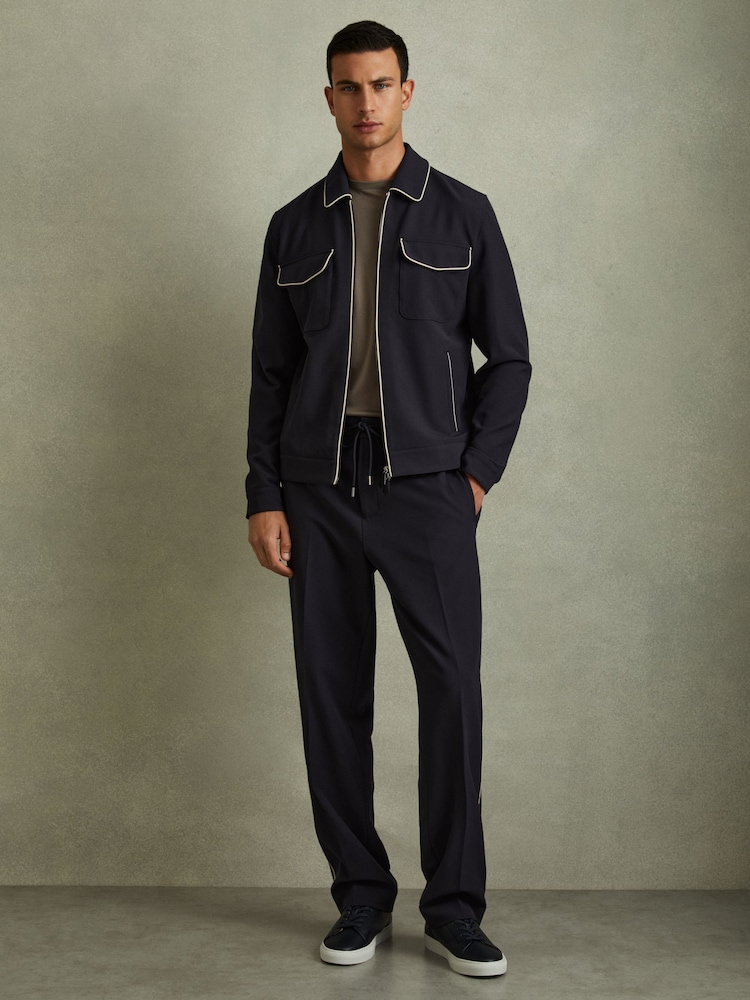 Reiss Navy/Ivory Stripe Roy Relaxed Contrast Pipe Detail Jacket - Image 1 of 6