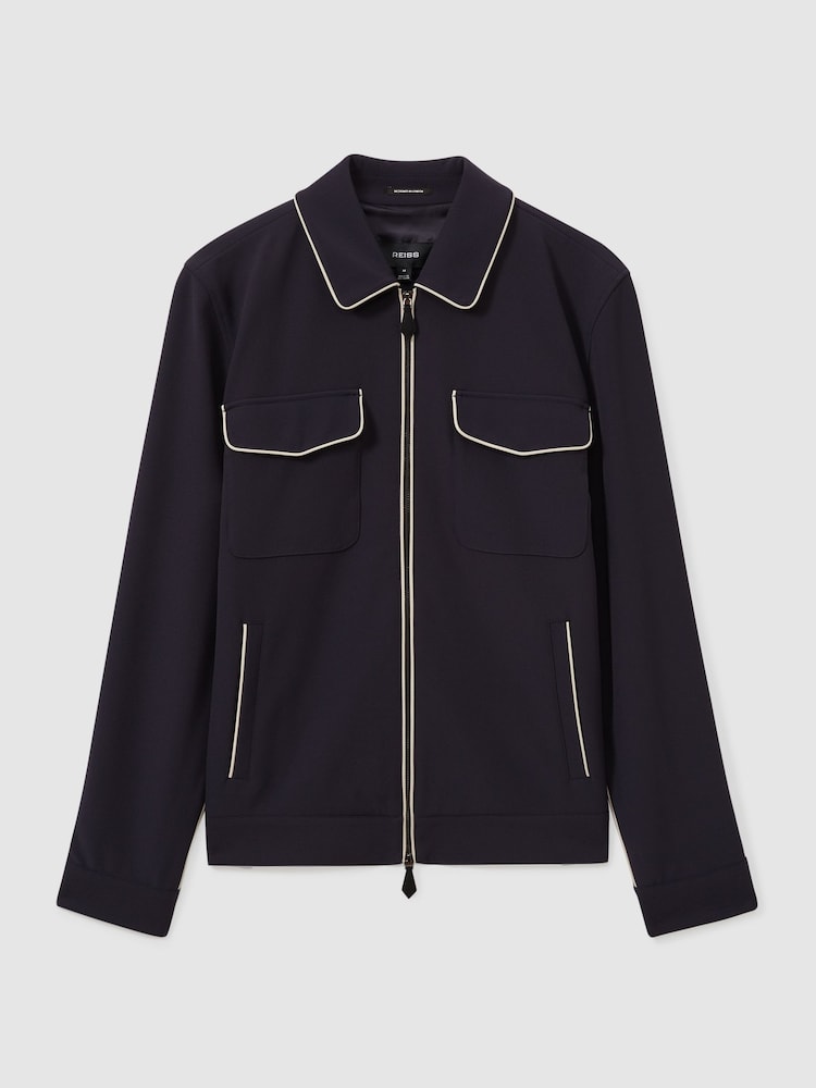 Reiss Navy/Ivory Stripe Roy Relaxed Contrast Pipe Detail Jacket - Image 2 of 6