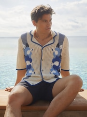 Reiss Ecru/Blue Love Ché Open-Stitch Jacquard Cuban Collar Shirt - Image 1 of 6