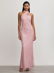 Raishma Pink Embellished Halter Neck Maxi Dress - Image 1 of 5