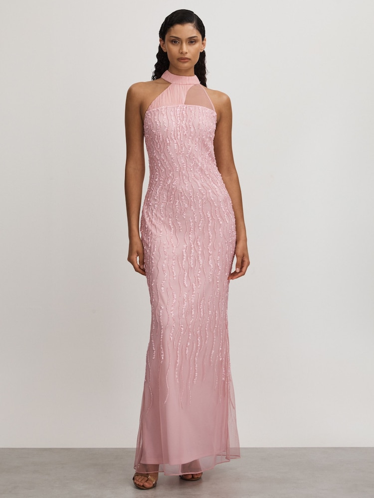 Vestido largo rosa con cuello halter y adornos de Raishma - Imagen 1 de 5 Vestido largo rosa con cuello halter y adornos de Raishma - Imagen 1 de 5