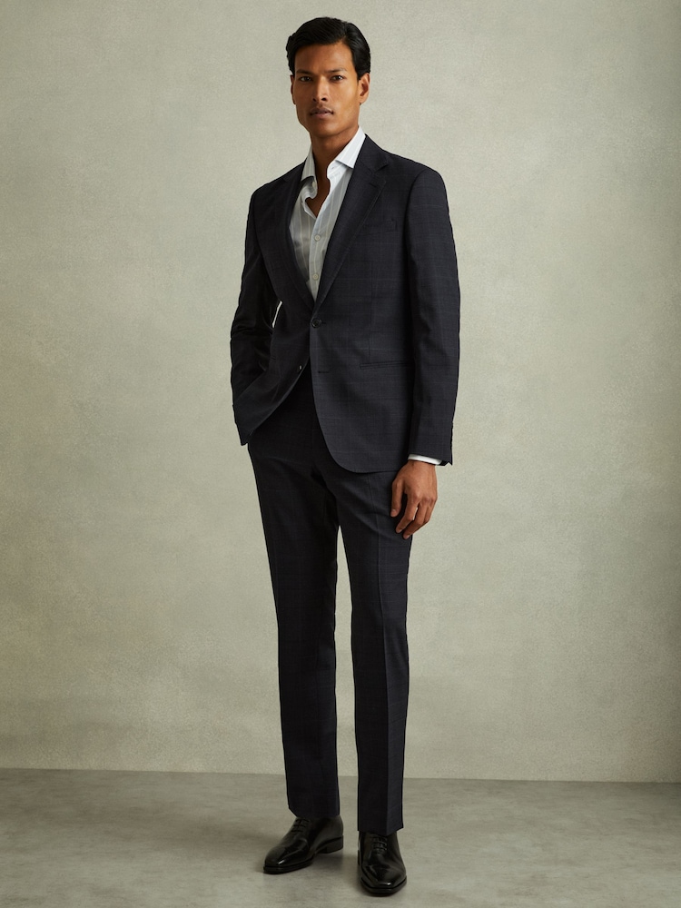 Reiss Navy Grace Wool Blend Suit Trousers in Prince of Wales Check - Image 1 of 5