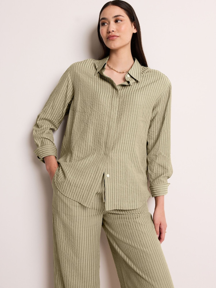 Khaki Green Stripe Long Sleeve Seersucker Texture Shirt - Image 1 of 6