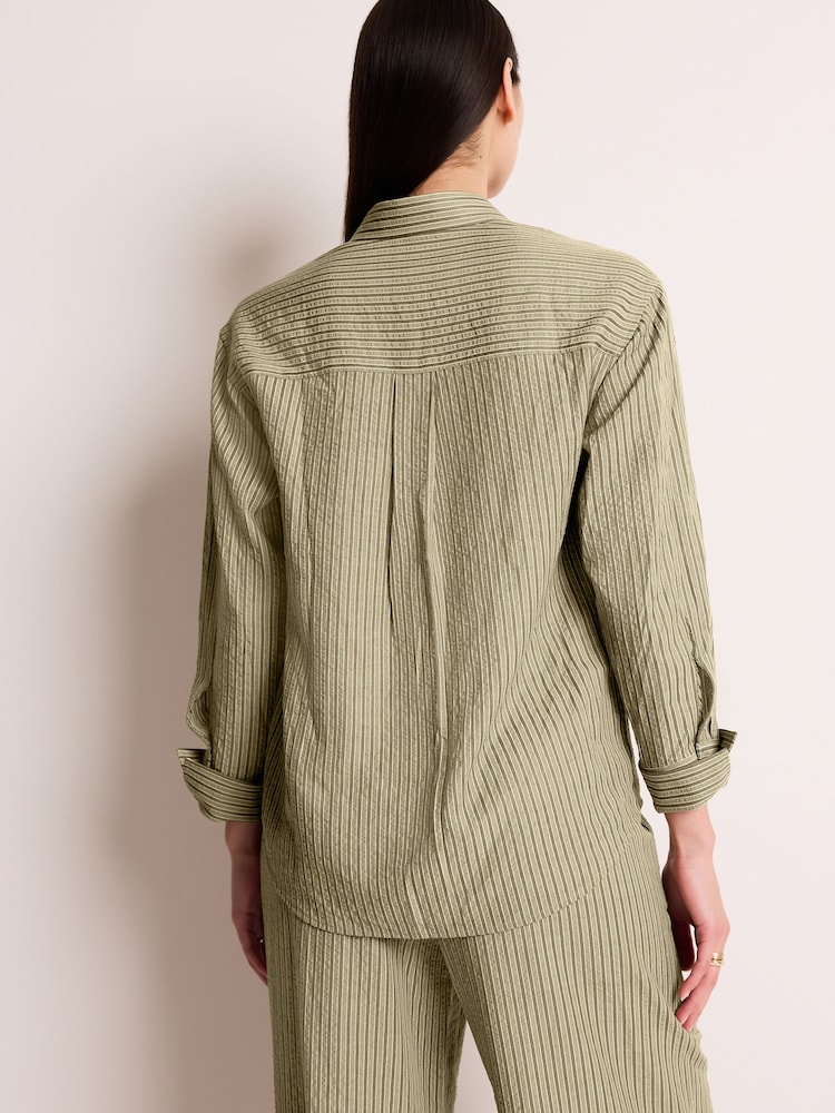 Khaki Green Stripe Long Sleeve Seersucker Texture Shirt - Image 2 of 6