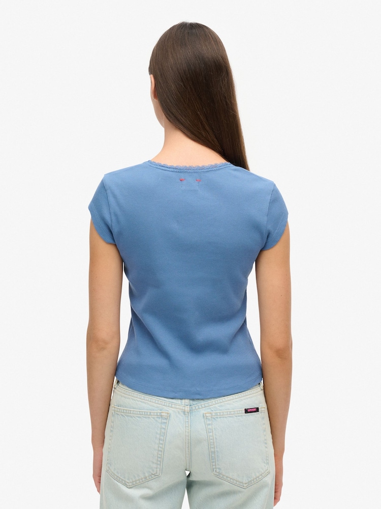Superdry Blue Athletic Essential Lace Trim V-Neck T-Shirt - Image 5 of 6