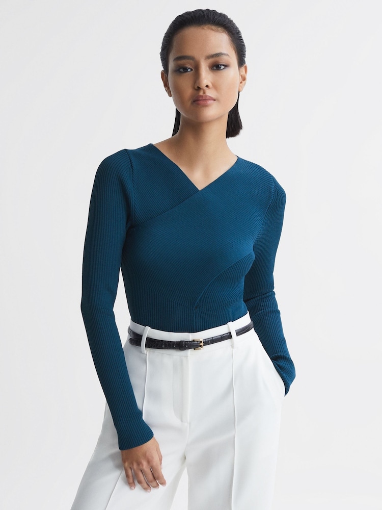Reiss Teal Heidi Knitted Wrap Long Sleeve Top - Image 1 of 5 Reiss Teal Heidi Knitted Wrap Long Sleeve Top - Image 1 of 5