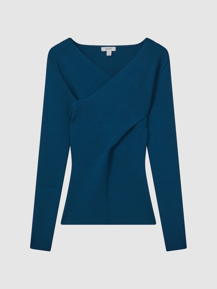 Reiss Teal Heidi Knitted Wrap Long Sleeve Top - Image 2 of 5 Reiss Teal Heidi Knitted Wrap Long Sleeve Top - Image 2 of 5