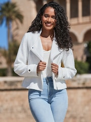 Sosandar White Boucle Biker Jacket - Image 1 of 5