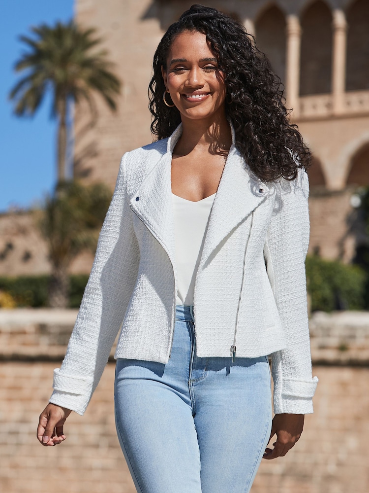 Sosandar White Boucle Biker Jacket - Image 5 of 5