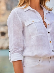 Sosandar White Pocket Detail 100% Linen Utility Shirt - Image 3 of 5