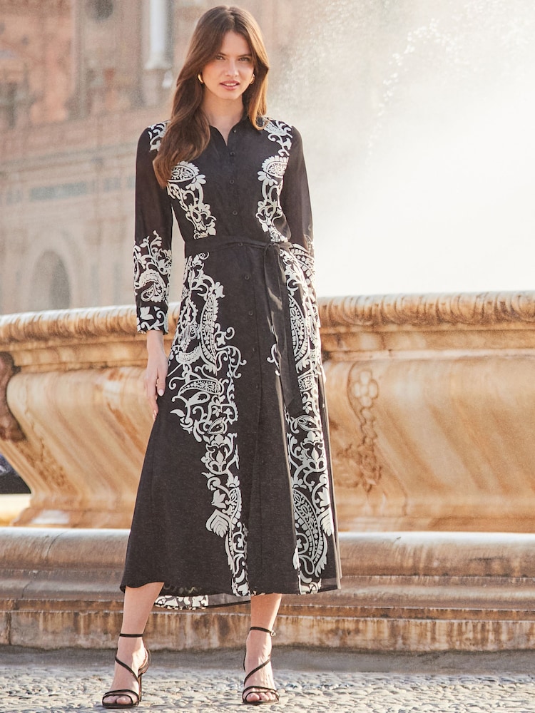 Sosandar Black Floral Print Belted Midi Shirt Dress - Image 1 of 5