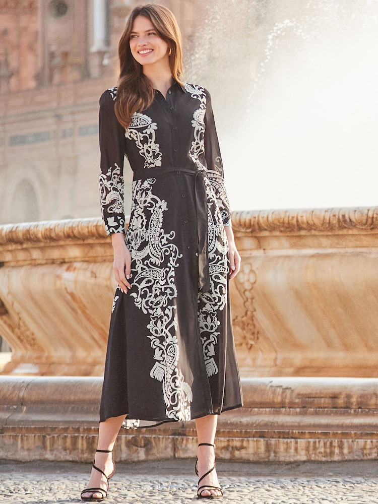 Sosandar Black Floral Print Belted Midi Shirt Dress - Image 2 of 5