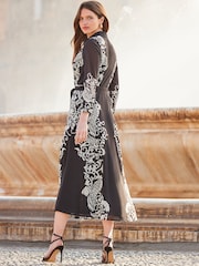 Sosandar Black Floral Print Belted Midi Shirt Dress - Image 3 of 5