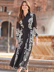 Sosandar Black Floral Print Belted Midi Shirt Dress - Image 4 of 5