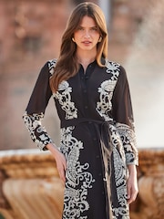 Sosandar Black Floral Print Belted Midi Shirt Dress - Image 5 of 5