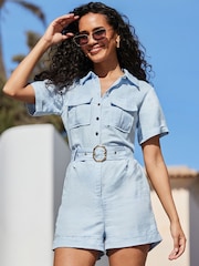 Sosandar Blue Linen Blend Utility Playsuit - Image 1 of 5