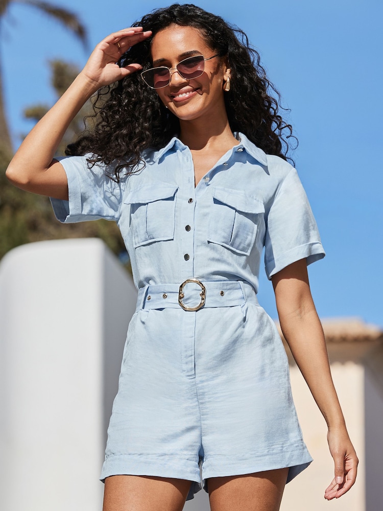 Sosandar Blue Linen Blend Utility Playsuit - Image 1 of 5