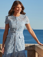 Sosandar Blue Lace Ruffle Hem Dress With Embellished Buttons - Image 3 of 5