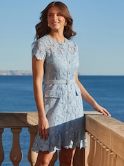 Sosandar Blue Lace Ruffle Hem Dress With Embellished Buttons - Image 4 of 5
