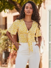 Sosandar Yellow Print Ruched Detail Tie Neck Jersey Top - Image 1 of 5
