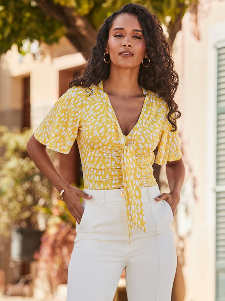 Sosandar Yellow Print Ruched Detail Tie Neck Jersey Top - Image 1 of 5