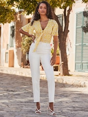 Sosandar Yellow Print Ruched Detail Tie Neck Jersey Top - Image 2 of 5