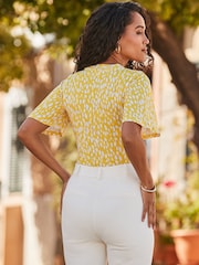 Sosandar Yellow Print Ruched Detail Tie Neck Jersey Top - Image 3 of 5