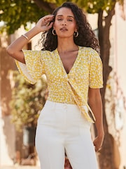 Sosandar Yellow Print Ruched Detail Tie Neck Jersey Top - Image 4 of 5
