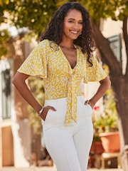 Sosandar Yellow Print Ruched Detail Tie Neck Jersey Top - Image 5 of 5