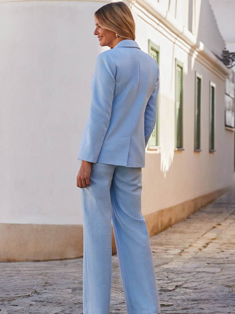 Sosandar Blue Wide Leg Cotton/Linen Mix Trousers With Pockets - Image 3 of 5