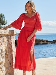Sosandar Orange Petite Embroidered Midi 100% Cotton Skirt With Broderie Trim - Image 1 of 5