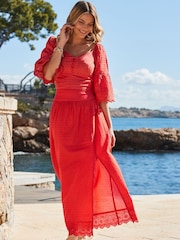 Sosandar Orange Petite Embroidered Midi 100% Cotton Skirt With Broderie Trim - Image 3 of 5