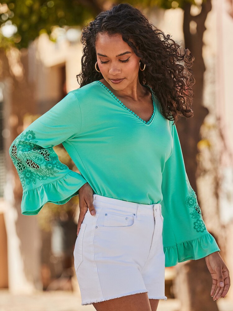 Sosandar Green Crochet Detail Fluted Cuff Jersey Top - Image 5 of 5