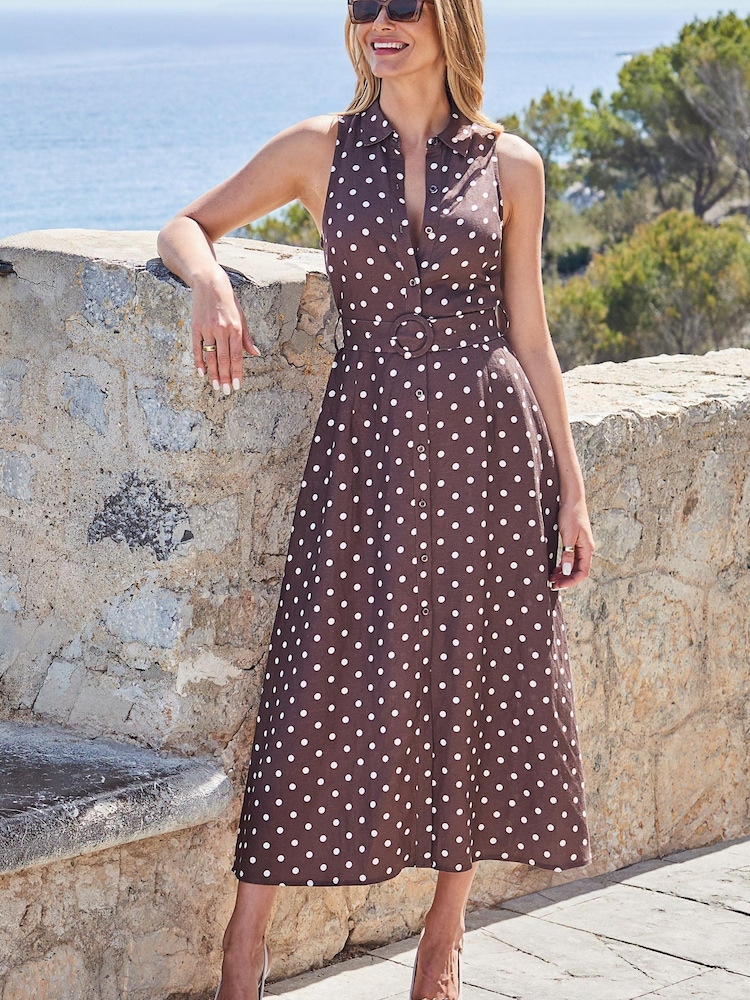 Sosandar Brown Spot Print Linen Blend Midi Shirt Dress - Image 1 of 5