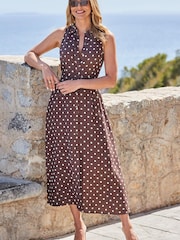 Sosandar Brown Spot Print Linen Blend Midi Shirt Dress - Image 4 of 5