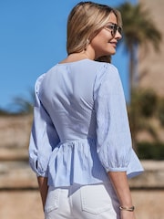 Sosandar Blue Stripe Print Peplum Hem 100% Cotton Top - Image 4 of 5